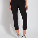 color=Black, Front view of black flattering cotton crop leggings with concealed waistband for control and comfort