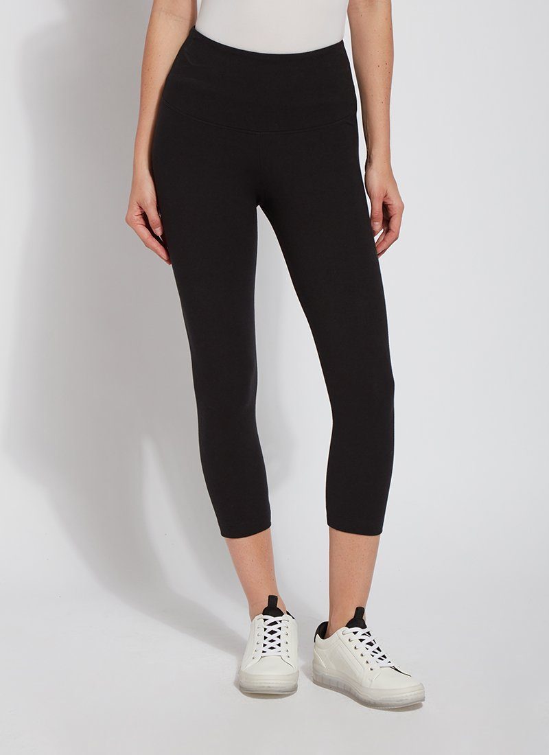 color=Black, Front view of black flattering cotton crop leggings with concealed waistband for control and comfort