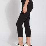 color=Black, Side view black flattering cotton crop leggings with concealed waistband for control and comfort