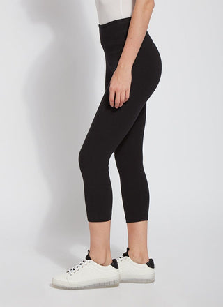 color=Black, Side view black flattering cotton crop leggings with concealed waistband for control and comfort
