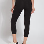 color=Black, Rear view of black flattering cotton crop leggings with concealed waistband for control and comfort