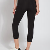 color=Black, Rear view of black flattering cotton crop leggings with concealed waistband for control and comfort