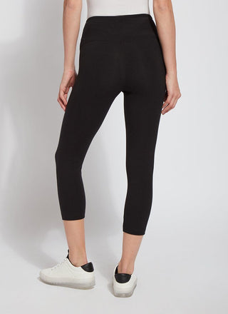 color=Black, Rear view of black flattering cotton crop leggings with concealed waistband for control and comfort