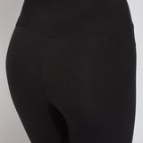 color=Black, Detailed rear view of black flattering cotton crop leggings with concealed waistband for control and comfort