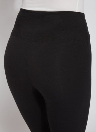 color=Black, Detailed rear view of black flattering cotton crop leggings with concealed waistband for control and comfort