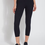 color=Midnight, Front view of midnight blue flattering cotton crop leggings with concealed waistband for control and comfort