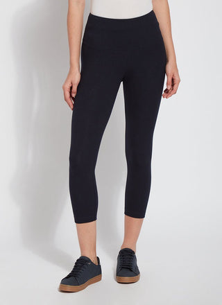 color=Midnight, Front view of midnight blue flattering cotton crop leggings with concealed waistband for control and comfort