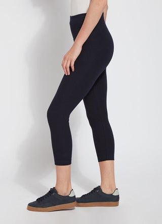 color=Midnight, Side view of midnight blue flattering cotton crop leggings with concealed waistband for control and comfort