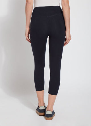 color=Midnight, Rear view of midnight blue flattering cotton crop leggings with concealed waistband for control and comfort