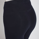 color=Midnight, Angled rear detail view of midnight blue flattering cotton crop leggings with concealed waistband for control and comfort