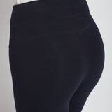 color=Midnight, Angled rear detail view of midnight blue flattering cotton crop leggings with concealed waistband for control and comfort