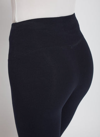 color=Midnight, Angled rear detail view of midnight blue flattering cotton crop leggings with concealed waistband for control and comfort
