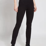 color=Black, Front view black denim straight leg jean leggings with patented concealing waistband