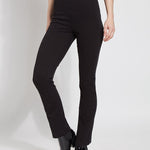 color=Black, Front view black denim straight leg jean leggings with patented concealing waistband