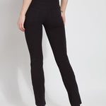 color=Black, Rear view black denim straight leg jean leggings with patented concealing waistband