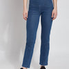 color=Mid Wash, Detailed angled back view of mid wash blue denim straight leg jean leggings with patented concealing waistband