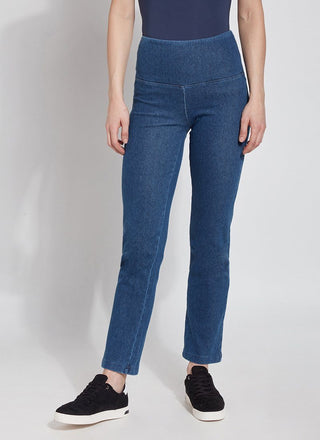 color=Mid Wash, Front view mid wash blue denim straight leg jean leggings with patented concealing waistband