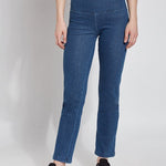 color=Mid Wash, front view, curvy denim straight leg pant legging, flattering and slimming concealed waistband