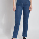 color=Mid Wash, front view, curvy denim straight leg pant legging, flattering and slimming concealed waistband