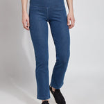 color=Mid Wash, Front view mid wash blue denim straight leg jean leggings with patented concealing waistband