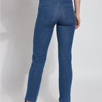color=Mid Wash, Rear view mid wash blue denim straight leg jean leggings with patented concealing waistband