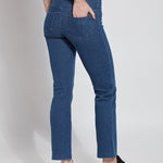 color=Mid Wash, Angled rear view mid wash blue denim straight leg jean leggings with patented concealing waistband