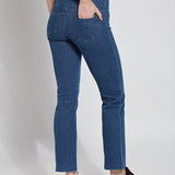 color=Mid Wash, Angled rear view mid wash blue denim straight leg jean leggings with patented concealing waistband