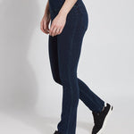 color=Indigo, side view, denim straight leg jean leggings with patented concealing waistband