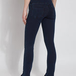 color=Indigo, back view, denim straight leg jean leggings with patented concealing waistband