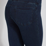 color=Indigo, back detail, denim straight leg jean leggings with patented concealing waistband