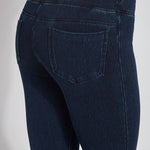color=Indigo, back detail, curvy denim straight leg pant legging, flattering and slimming concealed waistband