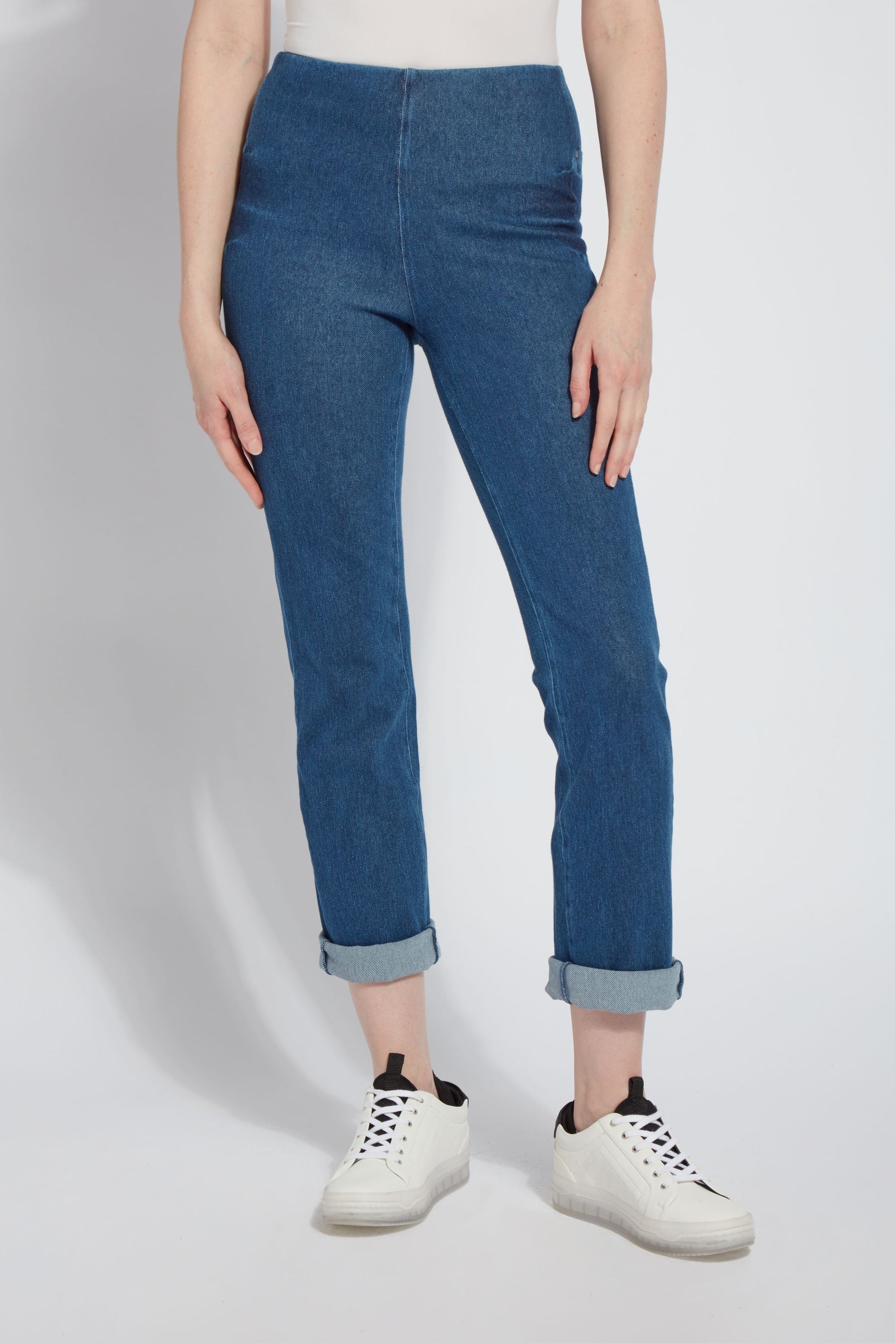 color=Mid Wash, front view, 4-way stretch, relaxed boyfriend denim jean legging with comfort waistband
