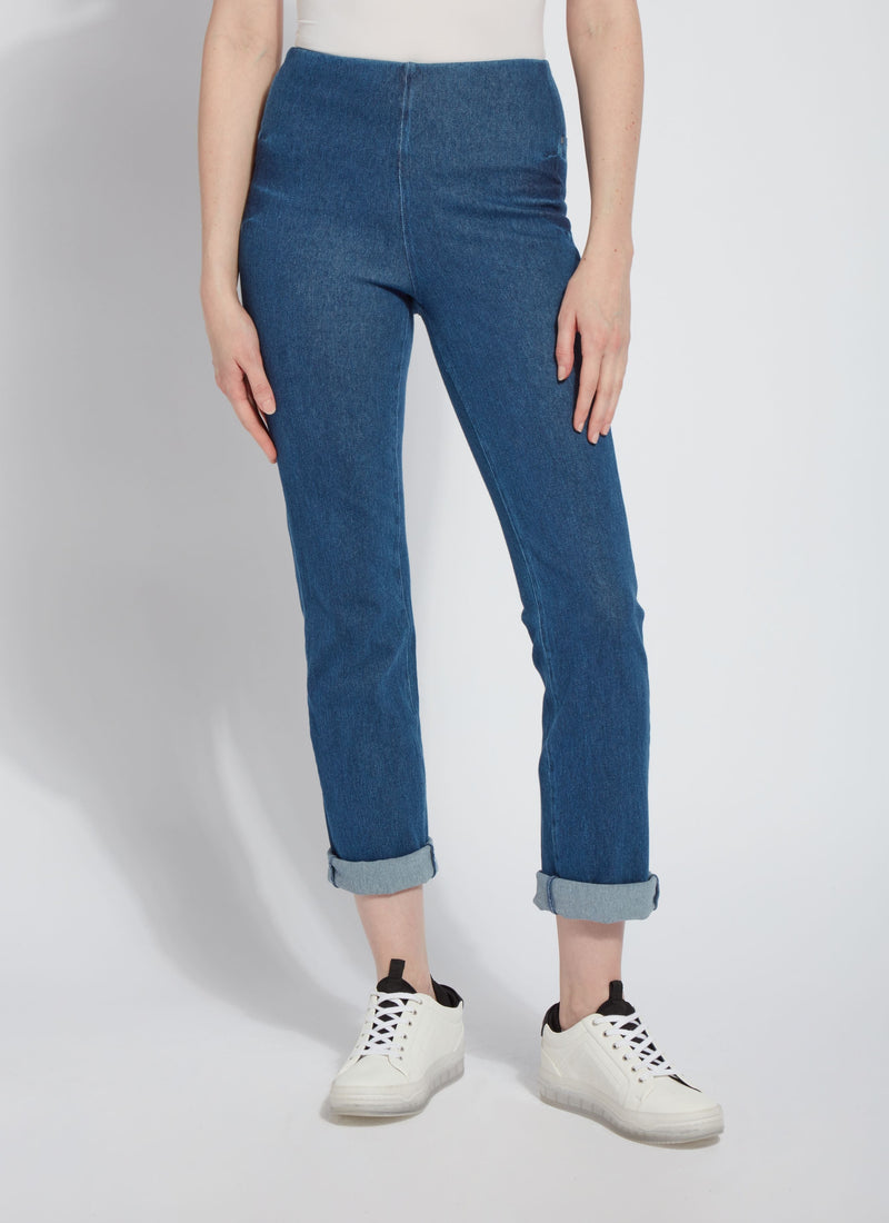 color=Mid Wash, front view, 4-way stretch, relaxed boyfriend denim jean legging with comfort waistband