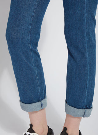 color=Mid Wash, hem detail, 4-way stretch, relaxed boyfriend denim jean legging with comfort waistband